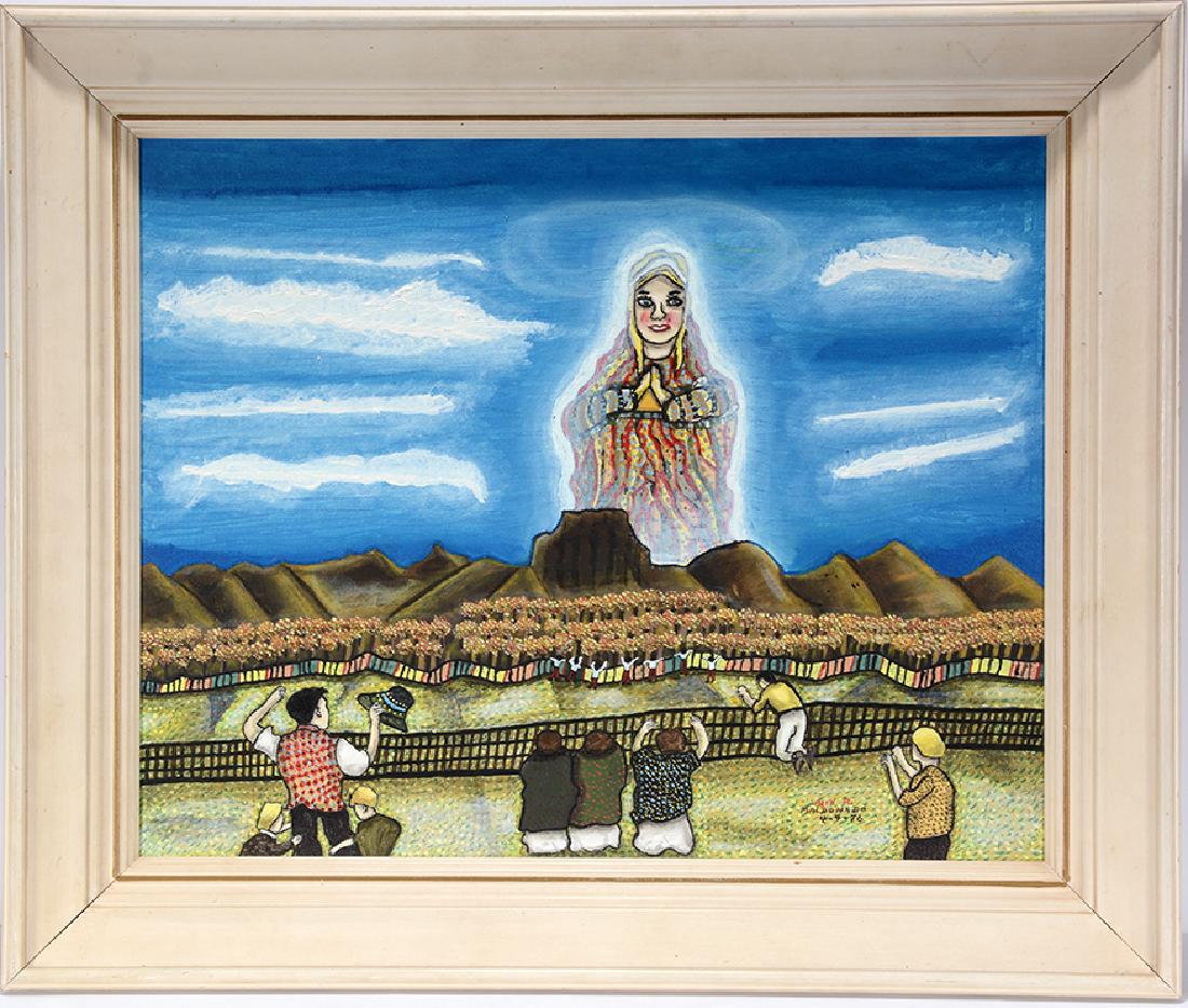 Alex Maldonado. Vision Of Guadalupe.: Alex Maldonado. Vision Of Guadalupe. 1976. Signed and dated. Excellent condition. Oil on canvas. Size with frame is 25" w x 21"h. Provenance: The Ames Gallery. Est. $500-800. Ship: $55