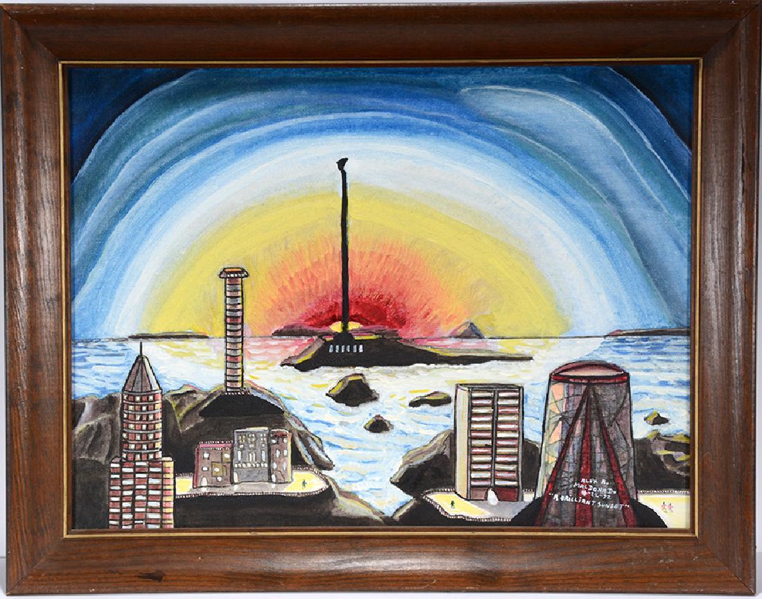 Alex Maldonado. A Brilliant Sunset.: Alex Maldonado. A Brilliant Sunset. 1972. Signed, dated and titled. Oil on canvas. Excellent condition. Size with frame is 28" w x 22"h. Provenance: The Ames Gallery. Est. $600-900. Ship: $65