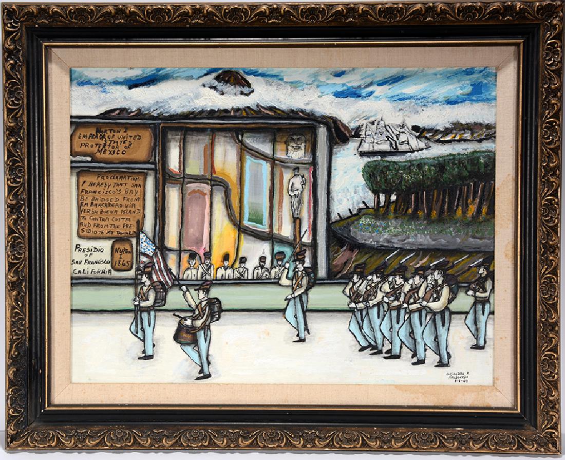 Alex Maldonado. Norton's Presidential Parade.: Alex Maldonado. Norton's Presidential Parade. 1967. Signed and dated. Oil on canvas. Excellent condition. Size with frame is 30" w x 25" h. Provenance: The Ames Gallery. Est. $800-1,200. Ship: $85
