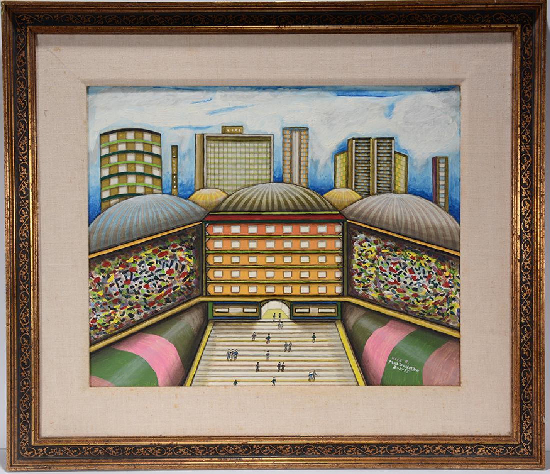 Alex Maldonado. Entering Dome Building.: Alex Maldonado. Entering Dome Building. 1973. Signed and dated. Oil on canvas panel. Excellent condition. Size with frame is 31" w x 27"h. Provenance: The Ames Gallery. Est. $600-900. Ship: $85