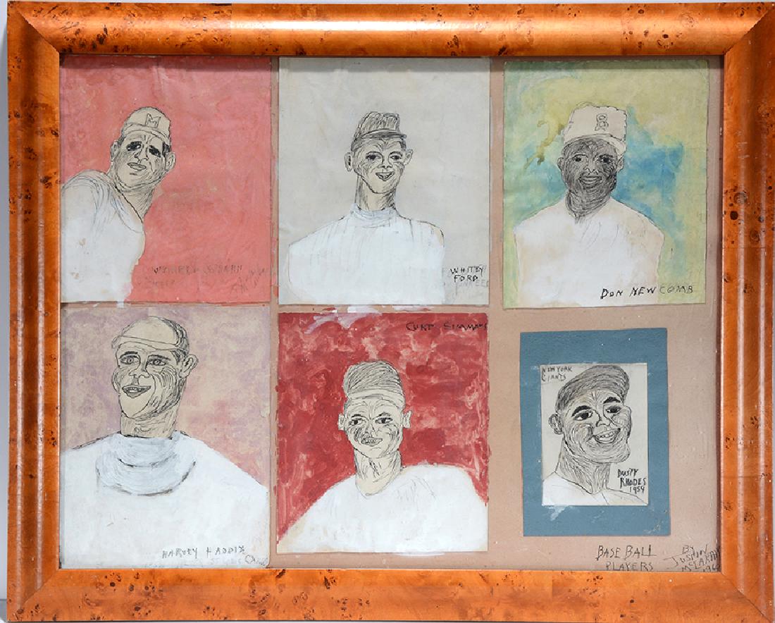 Justin McCarthy. Six Baseball Greats.: Justin McCarthy. Six Baseball Greats. 1960. Signed and dated. Paint and ink on paper, attached to poster. All in good to great condition. Size with frame is 32"w x 26"h. Est. $800-1,200. Ship: $75