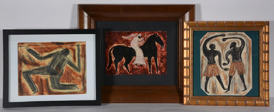 Steven Chandler. Man, Horse & Rider & Boxers.: Steven Chandler. Man, Horse & Rider & Boxers. 2004. Signed and dated. Paint on mixed media. Excellent condition. Largest is 19" x 16"with frame. Est. $300-500. Ship: $55