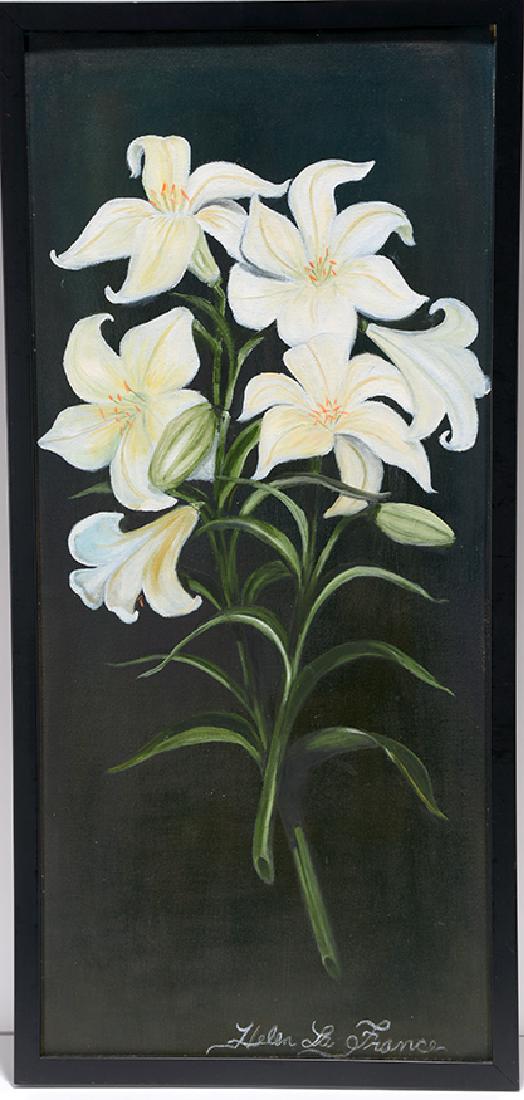 Helen LaFrance. Lillies.: Helen LaFrance. Lillies. Signed. Not dated. Paint on canvas panel. Excellent condition. 15" w x 32"h with frame. Est. $300-600. Ship: $55