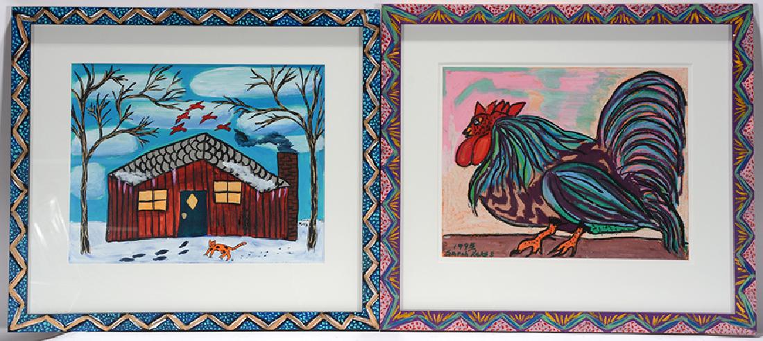 Sarah Rakes. Rooster and Winter House.: Sarah Rakes. Rooster and Winter House. 1995. Signed and dated. Paint on paper. 21" w x18"h each with artist frame. Est. $400-600. Ship: $65