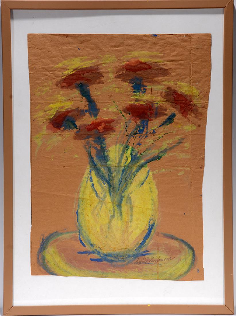 Sybil Gibson. Yellow Vase With Flowers.: Sybil Gibson. Yellow Vase With Flowers. c. 1960's. Signed. Not dated. Tempra on brown craft paper. Excellent condition. Size with frame is 24" w x 32"h. Est. $800-1,200. Ship: $65