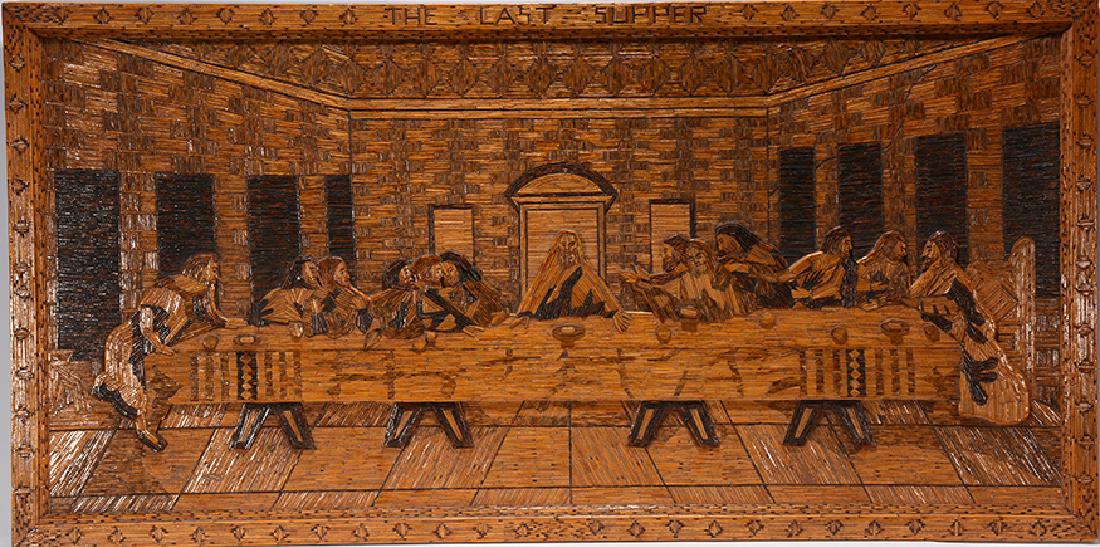 Prison Art. The Last Supper.: Prison Art. The Last Supper. Not signed. Extremely intricate matchstick assemblage 3-D art sculpture. Large example with thousands of matchsticks, cut and stained and attached to board. Excellent cond