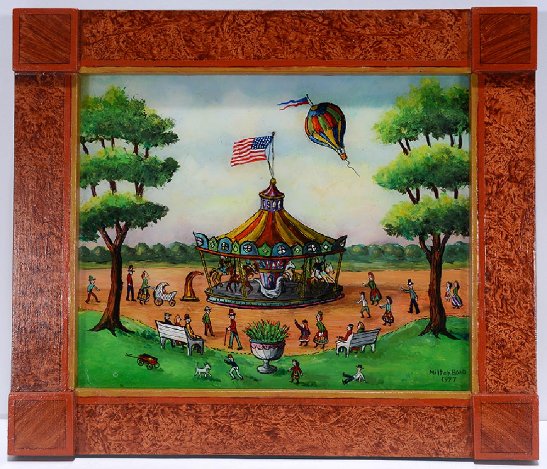 Milton Bond. Carousel Old Savin Rock Park.: Milton Bond. Carousel Old Savin Rock Park. 1997. Signed, dated and titled. Paint and tinsel on reverse glass. Excellent condition. Size with frame is 14" w x 12"h. Est. $300-500. Ship: $35