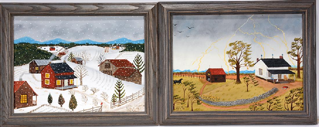Linda Anderson. Summer Storm and Winter Snow.: Linda Anderson. Summer Storm and Winter Snow. 1986, 1987. Signed and dated. Oil on canvas. Excellent condition. Each is 14" w x 11" h with frame. Est. $500-800. Ship: $45