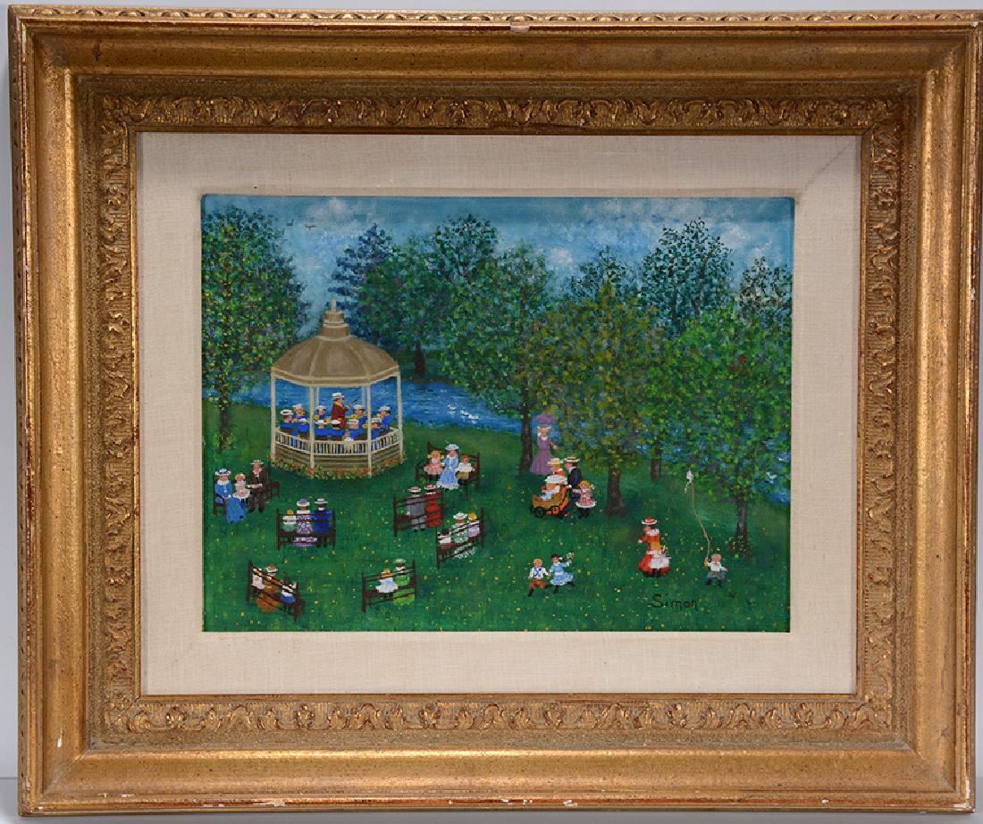 Mollie Simon. Bandstand In The Park.: Mollie Simon. Bandstand In The Park. Signed. Not dated. Excellent condition. Image is 16" x 12". 24" w x 20"h with frame. Est. $500-800. Ship: $55