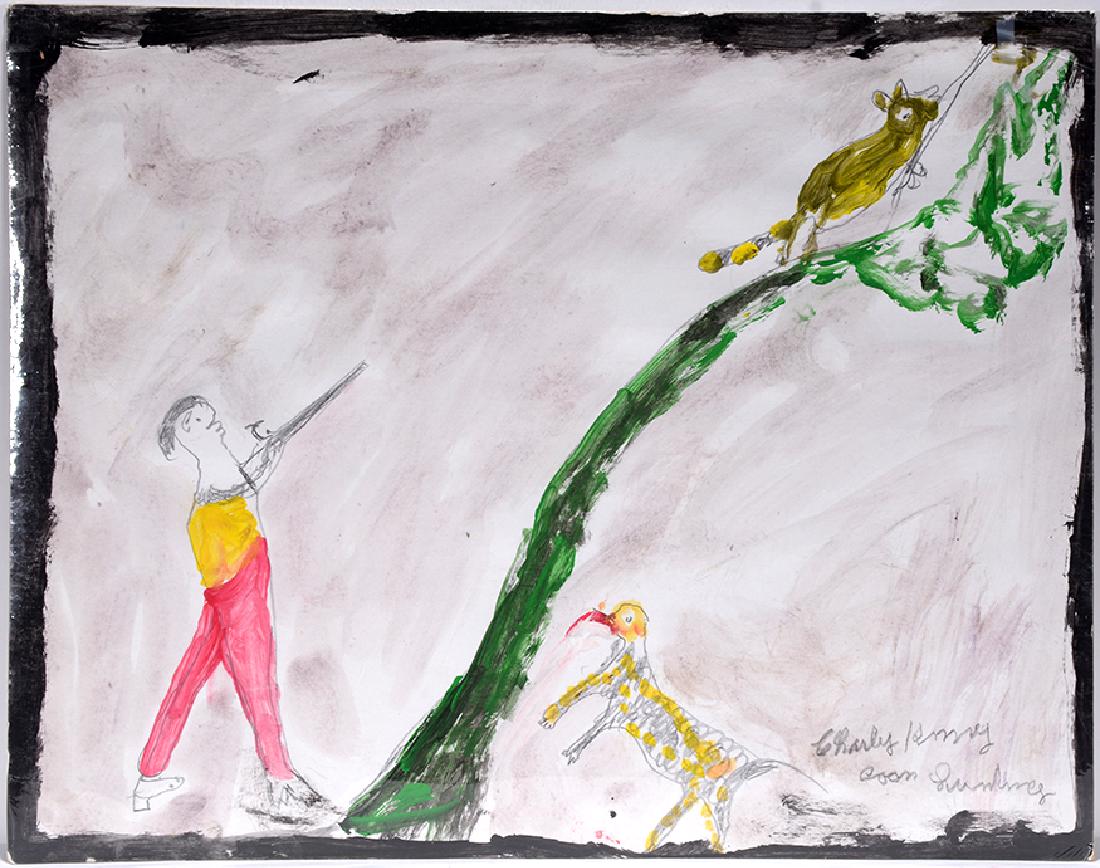 Charlie Kinney. Coon Hunting.: Charlie Kinney. Coon Hunting. Signed and titled. Paint and pencil on poster. Excellent condition. 28" w x 22"h. Not framed. Est. $300-500. Ship: $55