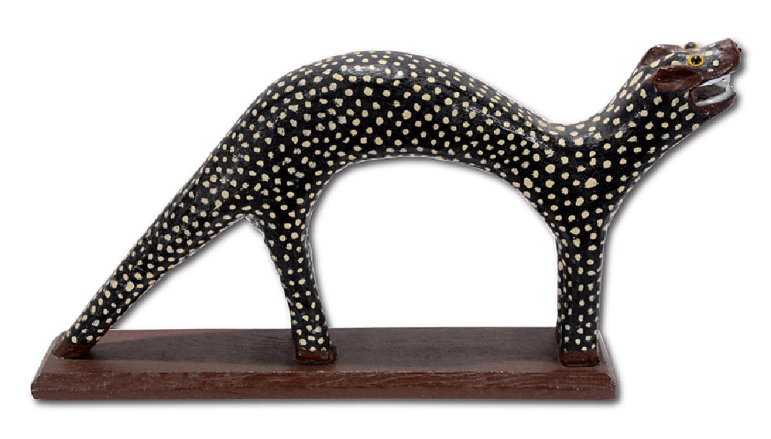 Denzil Goodpaster. Hell Cat.: Denzil Goodpaster. Hell Cat. Signed and titled. Carved and painted wood with jewelled eyes and plastic teeth. Excellent condition. 15" x 10" x 2.5". Est. $300-500. Ship: $35