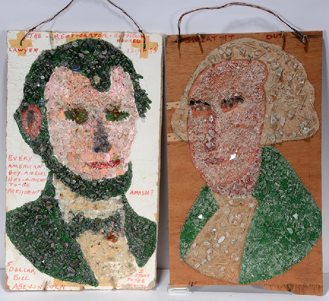 Baltimore Glassman. Abe and George.: Baltimore Glassman. Abe and George. Not signed. Paint, glitter and glass on found board. Great condition. Average size is 14" x 24"h. Est. $300-600. Ship: $55