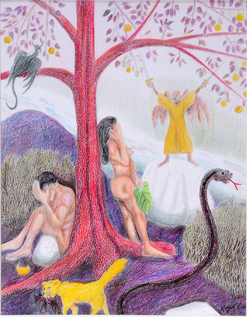 Roger Rice. Adam & Eve.: Roger Rice. Adam & Eve. c. 1996. Signed. Colored pencil and mixed media on paper. Excellent condition. Image is 11"w x 14" h. Frame 17" w x 21"h . Est. $300-500. Ship: $45