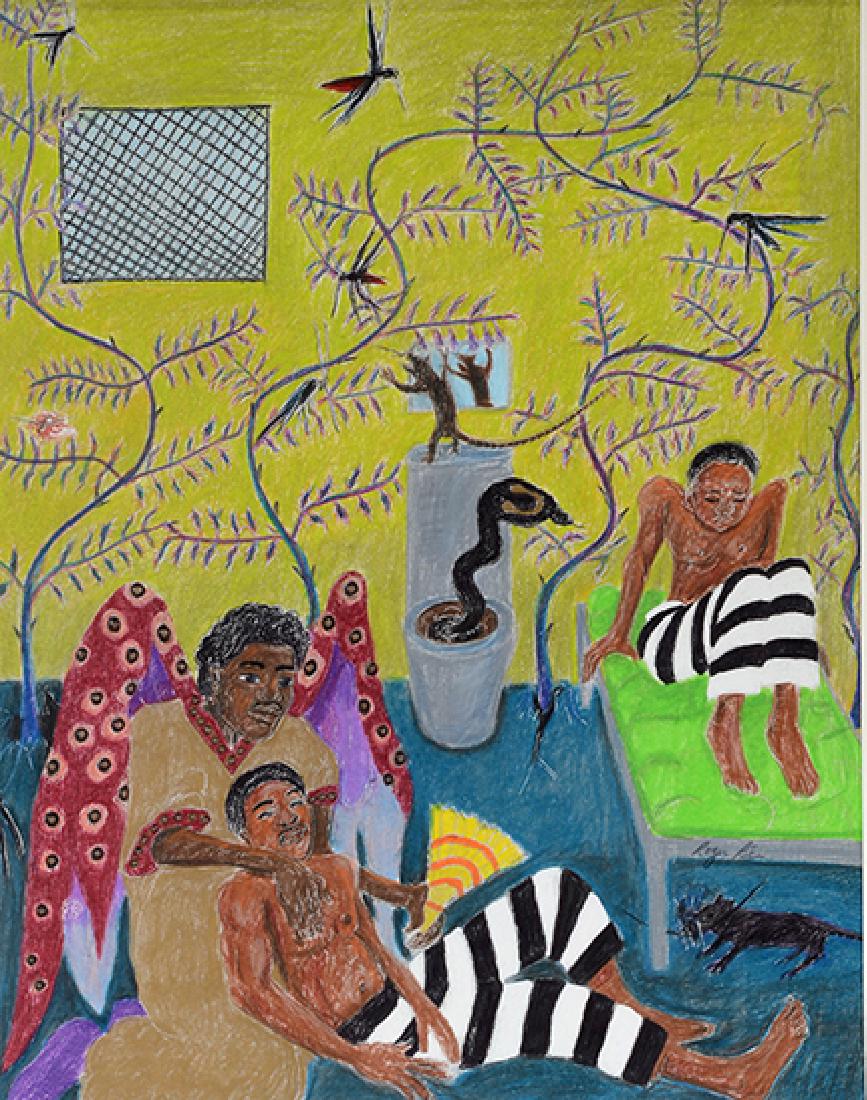 Roger Rice. Concrete Jungle.: Roger Rice. Concrete Jungle. 1998. Signed. Colored pencil and mixed media on paper. Excellent condition. Image is 11" w x 14"h. Frame is 17" w x 21"h. Est. $300-500. Ship:$45