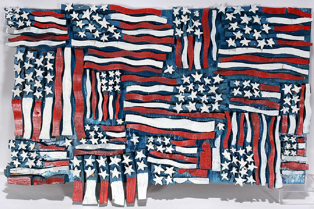 Ab The Flagman. Multi-Flags.: Ab The Flagman. Multi-Flags. Not signed. Painted scrap wood construction, backed to board. Many small repairs and minor loss, otherwise good condition. 31" x 20" x 2". Est. $300-500. Ship: $100