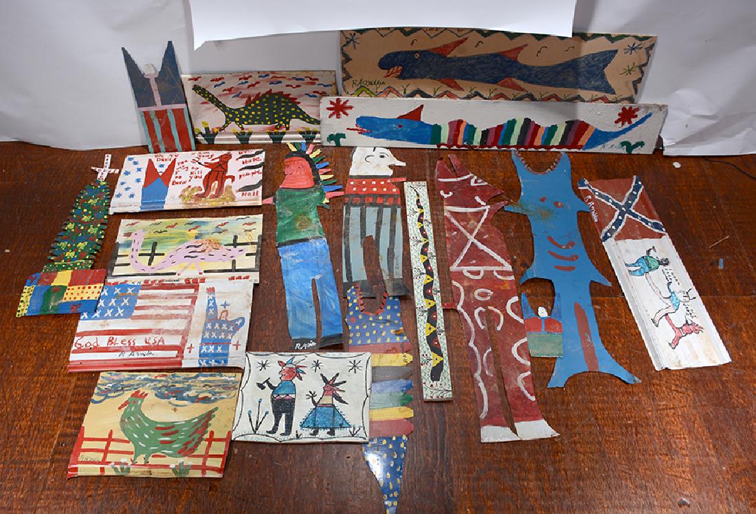 R.A. Miller. 18 Fantastic Pieces.: R.A. Miller. 18 Fantastic Pieces. Signed. Paint on cut out metal, board and other mixed media. All in good condition. The largest Red Devil is 47" h x 9"w. Est. $500-800. Ship: $100