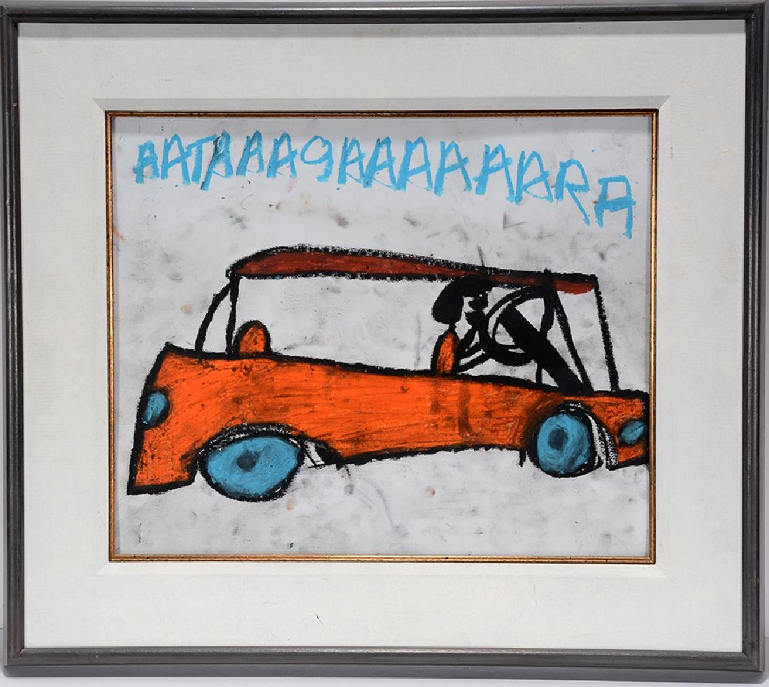 Donald Walker. Road Rage.: Donald Walker. Road Rage. Not signed or dated. Crayon and paint on paper. Excellent condition. Size with frame is 23.5" w x 21"h. Provenance: The Ames Gallery. Est. $300-500. Ship: $55