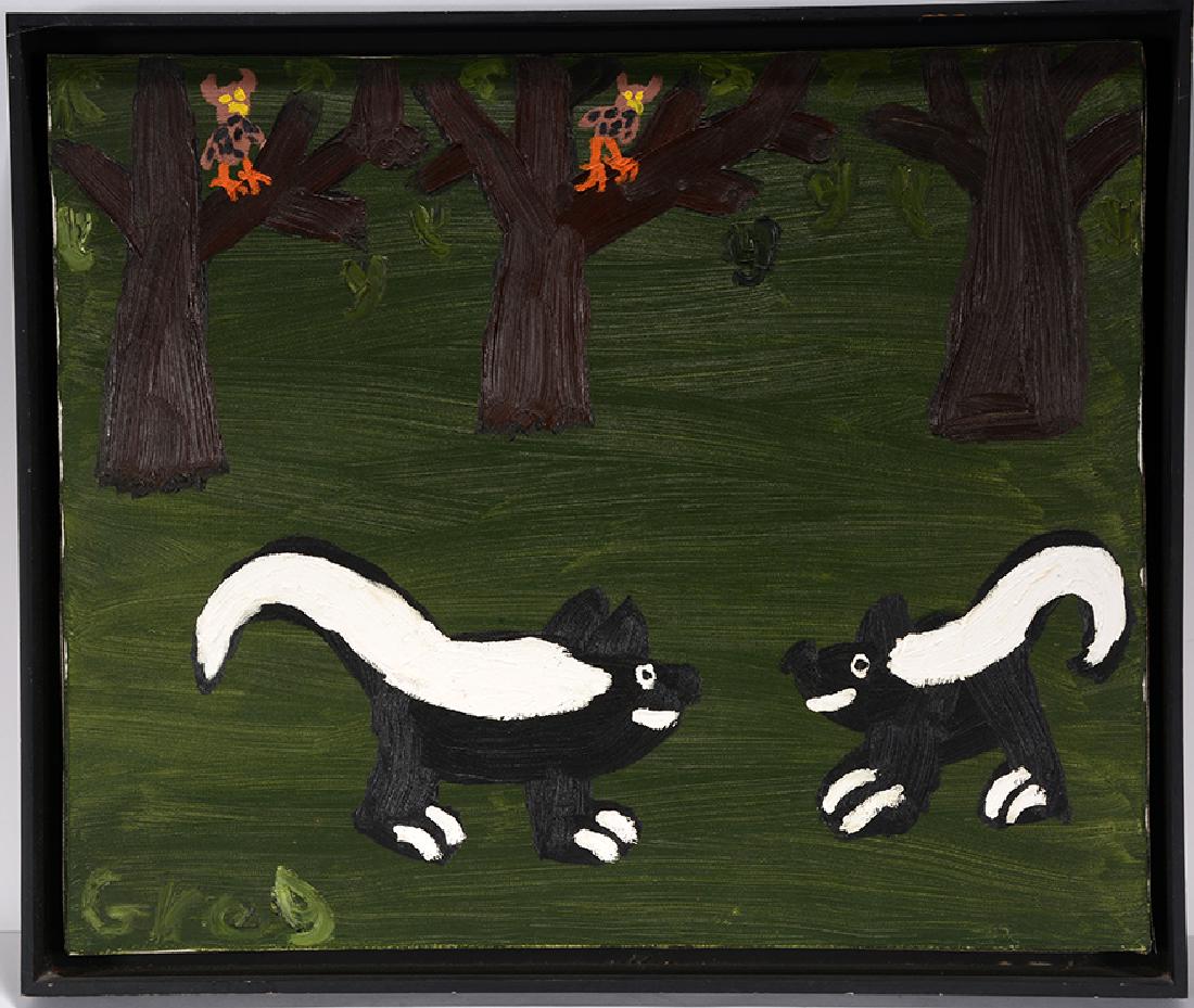 Greg P. Skunks In The Woods.: Greg P. Skunks In The Woods. Signed. Not dated. Oil on canvas. Excellent condition. 25" w x 22"h with frame. Est. $200-300. Ship: $55