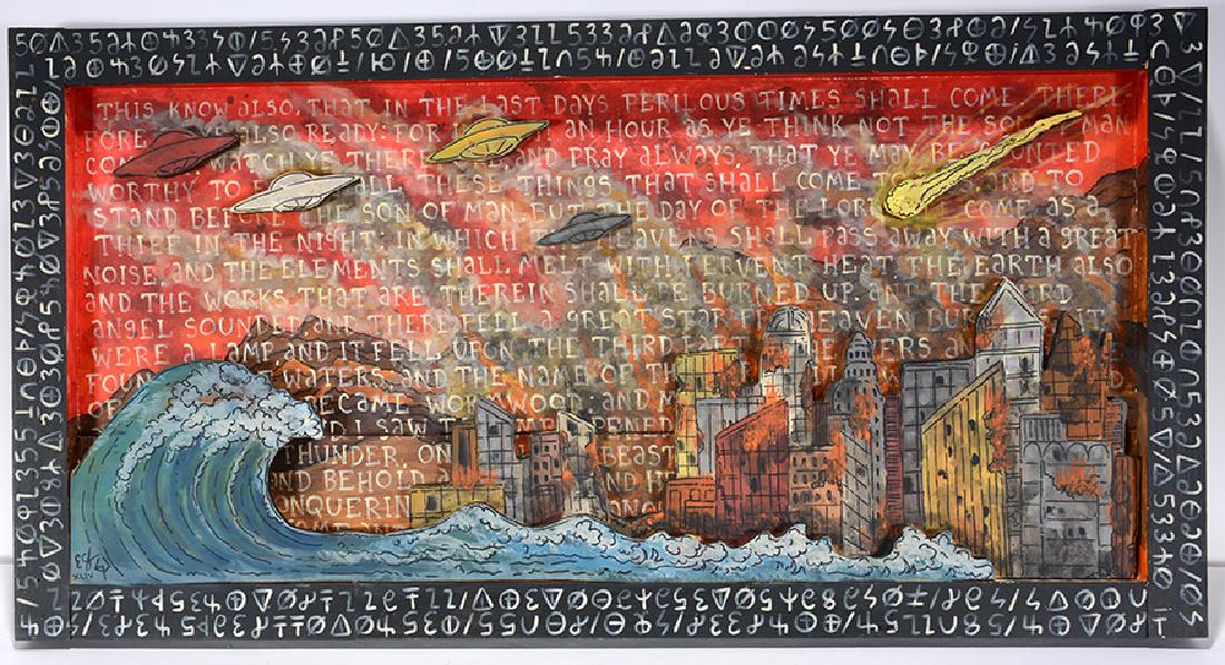 Eric Cunningham. In The Last Days.: Eric Cunningham. In The Last Days. Signed and dated. 3-D Cut out construction on painted board. Excellent condition. 32.5"w x 17"h. Est. $400-600. Ship: $65