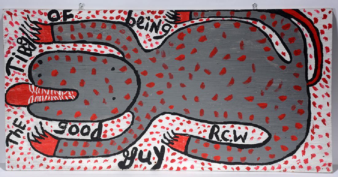 Ruby Williams. Tired Of Being The Good Guy.: Ruby Williams. Tired Of Being The Good Guy. 1997. Initialed, titled and dated. Paint on board. Excellent condition. 48" w x 24"h. Est. $300-500. Ship: $100