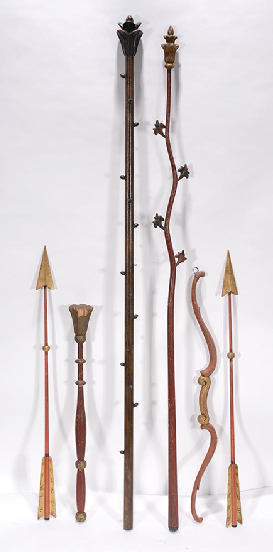 Odd Fellows Lodge Staffs, Arrows, Bows.: Odd Fellows Lodge Art. Group of Staffs, Arrows, Bows. Carved and painted woods. Some minor loss and paint rubs, otherwise good to great condition. Tallest is 64” h. Provenance: The Estelle