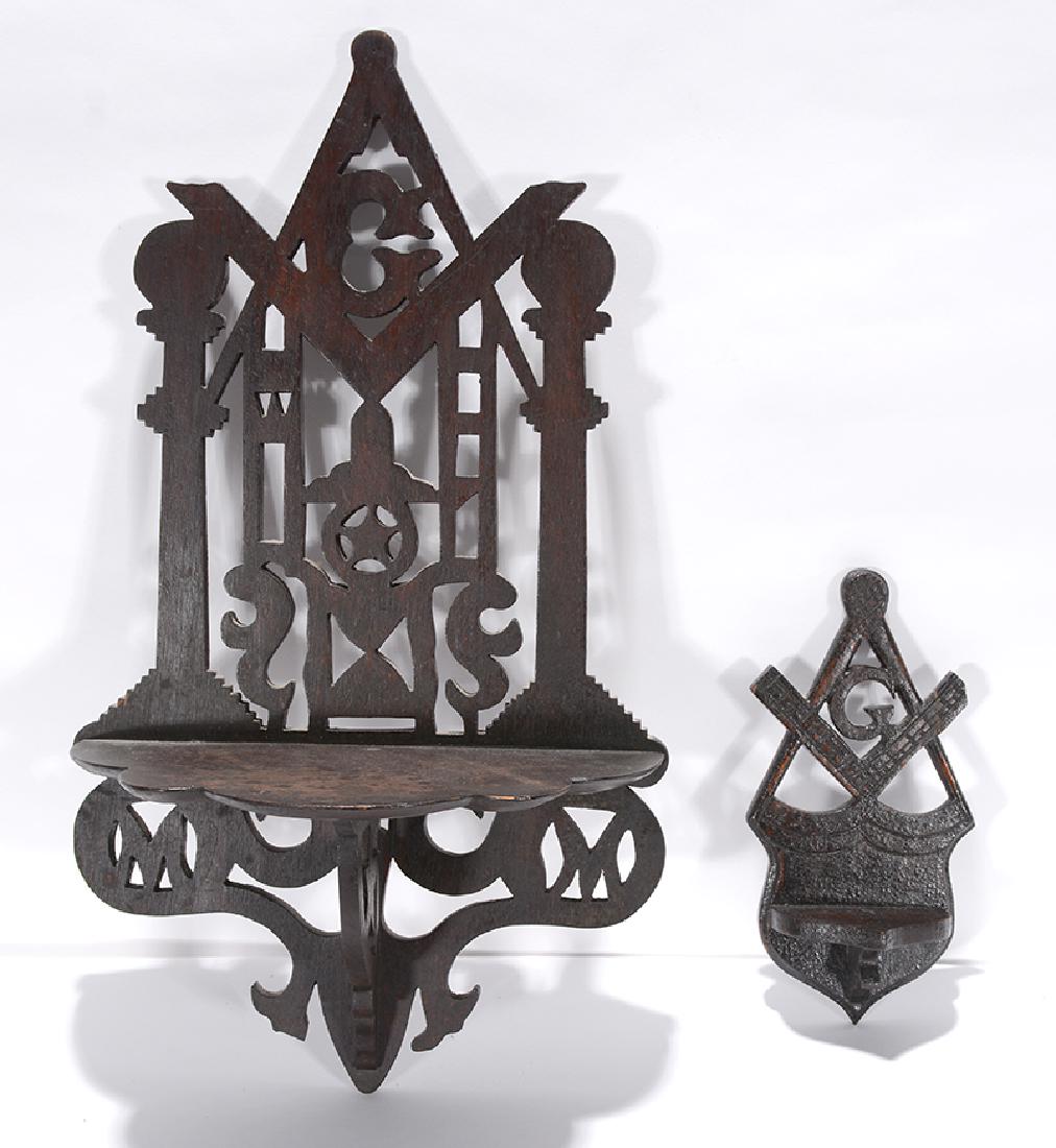 Odd Fellows Lodge Hanging Shelves.: Odd Fellows Lodge Art. Two Hanging Shelves. Carved and stained wood. Excellent condition. Tallest is 22” h x 12” w. Provenance: The Estelle Friedman Collection. Est. $200-300. 