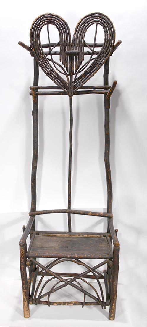 Bent Willow Hall Tree Settee.: Bent Willow Hall Tree Settee. c. early 20th century. Painted bent willow branches and woodsticks. Some wear on paint, otherwise good condition. Size is 76” h x 25” w x 19”
