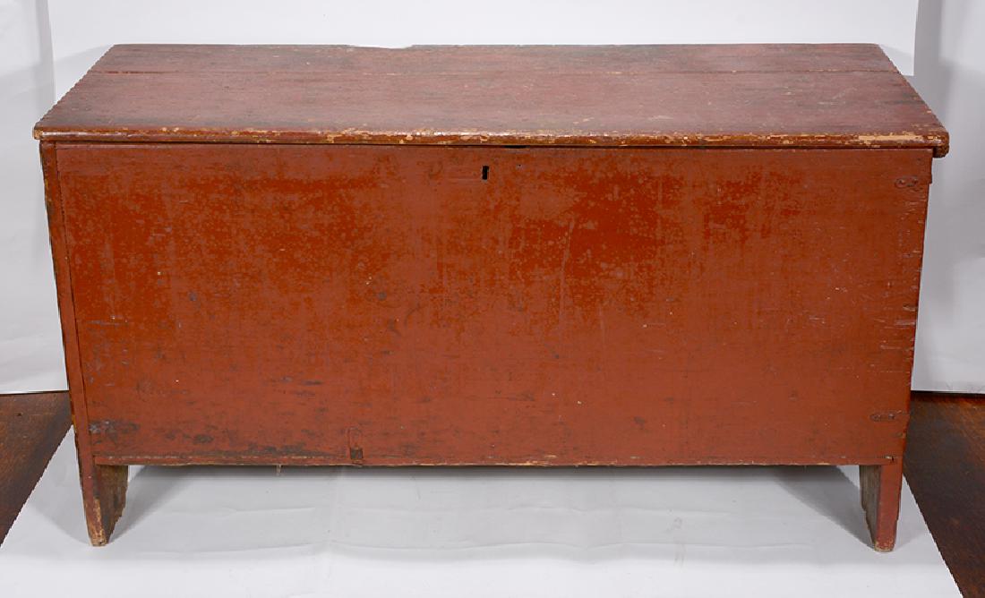 Single Board Blanket Chest.: Single Board Blanket Chest. c. 1900’s. Not signed or dated. Single board construction with hand hewn board, metal hinges and several make-do repairs. Large wood split on top and side, otherwise 
