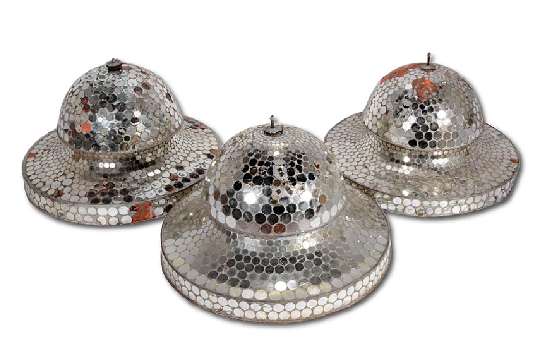 3 Mirrored Art Deco Rotating Dance Light Reflectors.: Three Early Mirrored Art Deco Rotating Dance Light Reflectors. Hundreds of rsmall circle mirrors attached to Art-Deco style ceiling rotating motorized balls. Some loss, but overall good to great condi