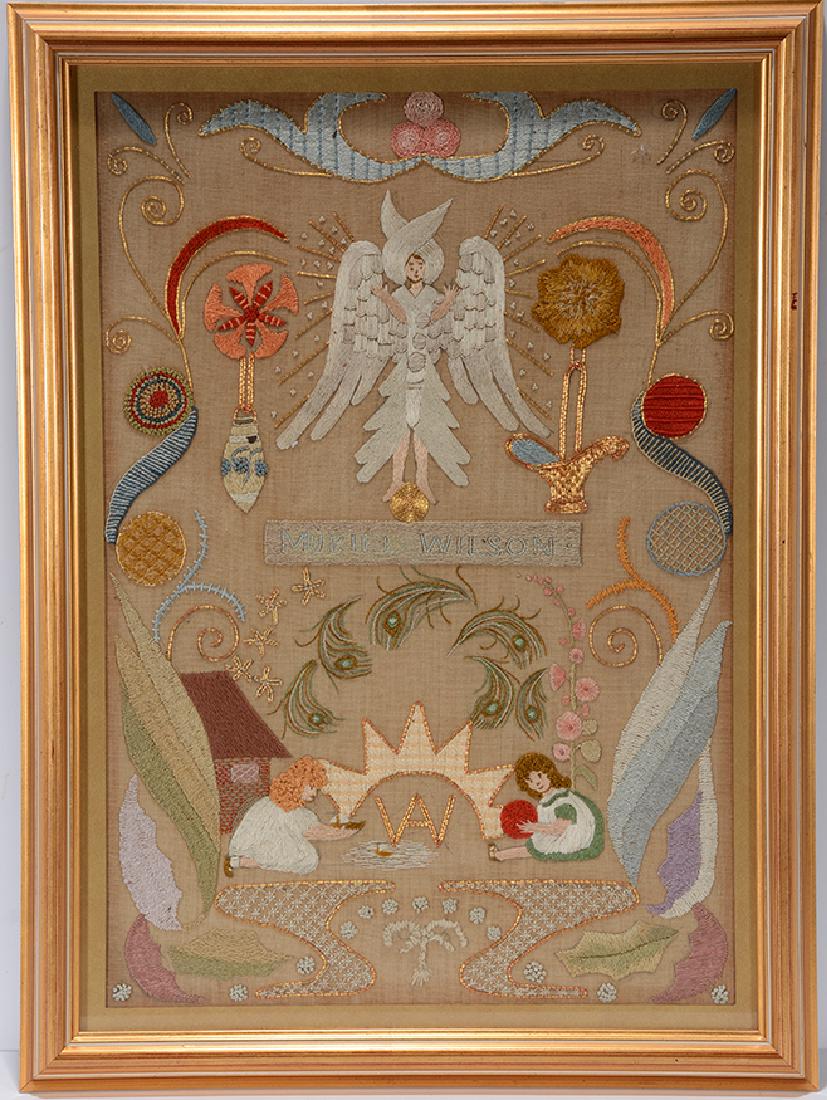 Murill Wilson. Elaborate Sampler.: ﻿Murill Wilson. Elaborate Sampler. Signed. Not dated. Subjects include Angels, Children and Peacock Feathers. Gold and silver thread, yarn on early linen. Excellent condition. Size with frame i