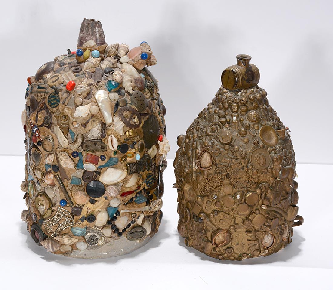 Pair of Large Memory Jugs.: Pair of Large Memory Jugs. Not signed. Larger jug is heavily decorated with mixed media objects. Minor loss, overall great condition. Largest is 14” h. Provenance: The Ames Gallery. Est. $