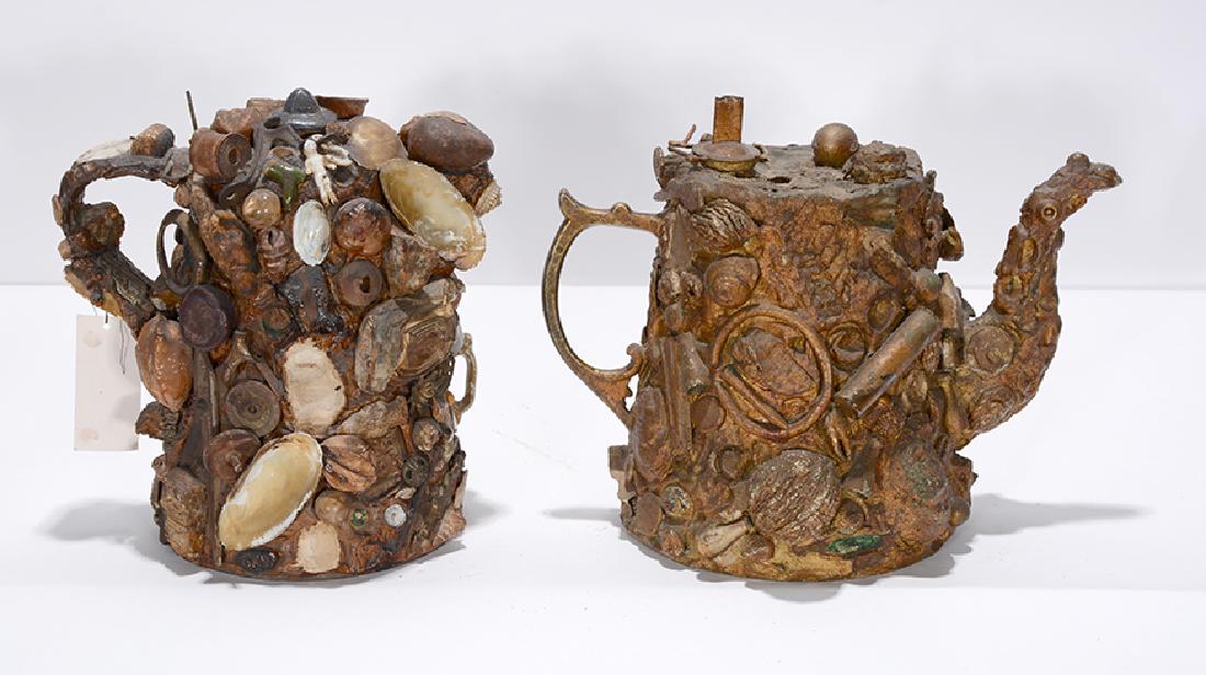 Pair of Tea Pot Memory Jugs.: Pair of Tea Pot Memory Jugs. Not signed. Heavily decorated teapots. Minor loss, otherwise great condition. Average size is 8” h. Provenance: The Ames Gallery. Est. $300-500. Ship: $65