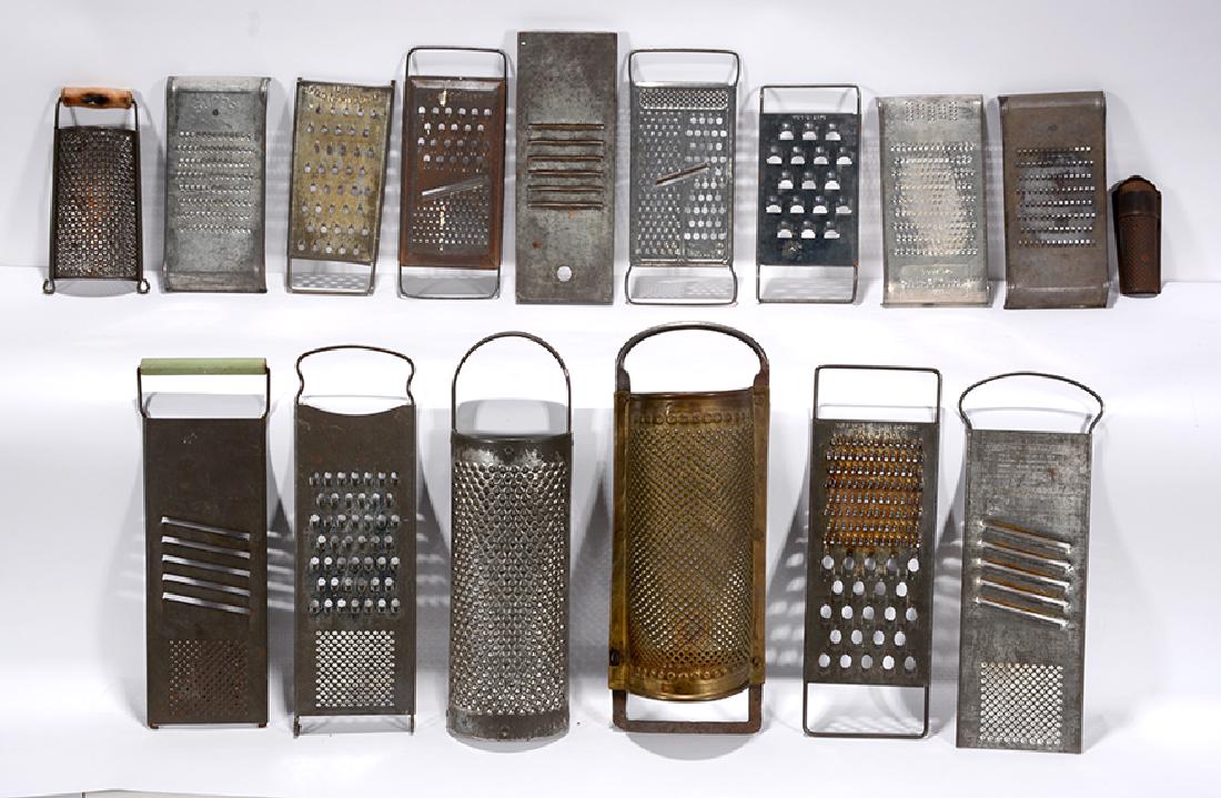 Box Lot of 16 Early Hand Graters.: Box Lot of 16 Early Hand Graters. Not signed or dated. Some are stamped with company names. Metal and brass with original patina. Average size is 13” h. Great condition. Provenance: The Am