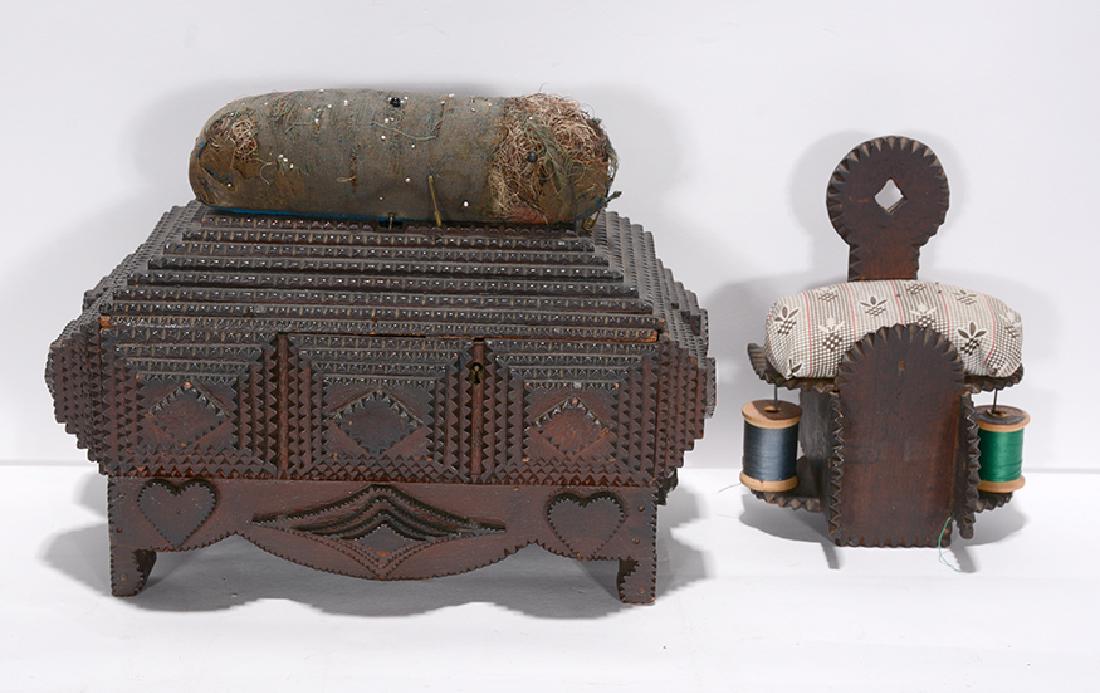Tramp Art Boxes Sewing Box & Thread Holder.: ﻿Tramp Art Boxes Sewing Box & Thread Holder. Carved wood with stuffed pin cushion. Good to fair condition. Largest is 8” x 10” x 7”. Provenance: The Ames Gallery. Est. $200-30