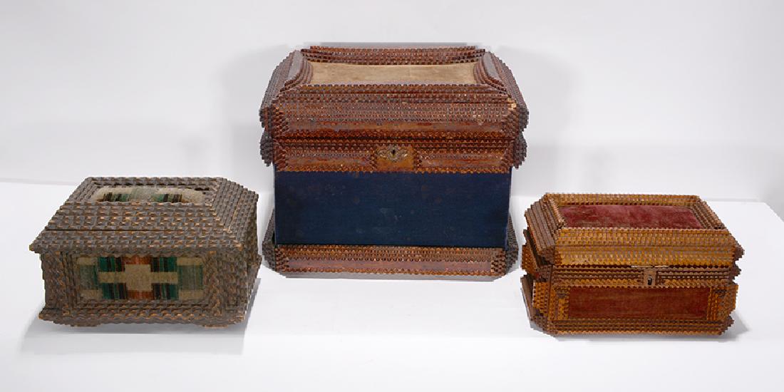 3 Tramp Art Sewing Boxes.: 3 Tramp Art Sewing Boxes. Carved & chipped wood boxes with velvet and cloth. All in good to great condition. Largest is 10” x 14” x 10”. Provenance: The Ames Gallery. Est. $300-500. 