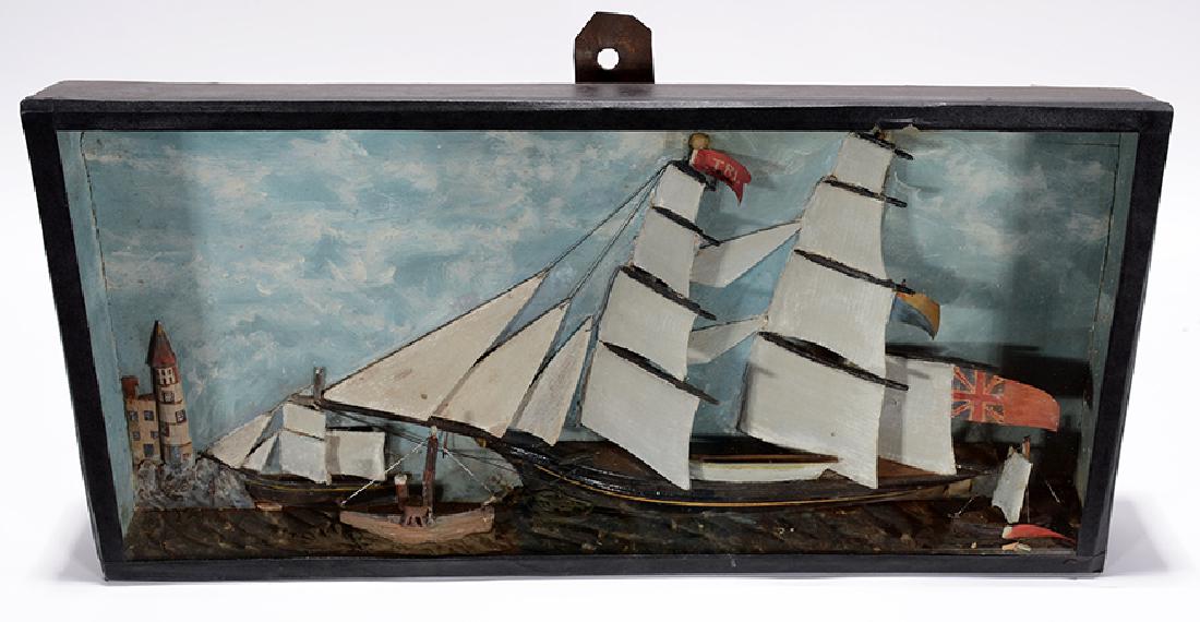 British Sailing Ship In A Box Frame.: British Sailing Ship In A Box Frame. Not signed. Carved and painted wood with mixed media. One flag needs to be re-attached, otherwise good to great condition. 20” x 10” x 2.5”. Prov