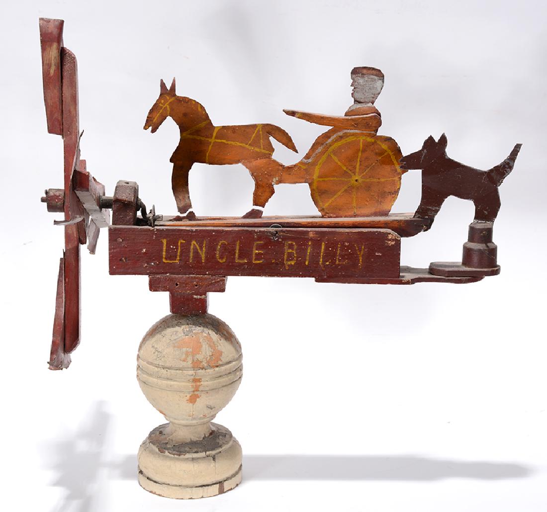 Uncle Billy Horse And Buggy Whirligig.: Uncle Billy Horse And Buggy Whirligig. Titled. Cut out tin and paint on wood. Some breaks in tin and weathering, otherwise good to fair condition. 16” x 14”. Est. $200-300. Ship: $65