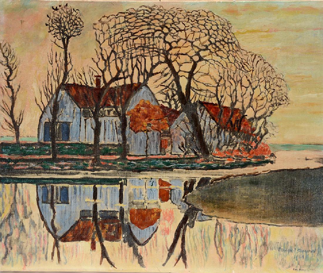 Edwin Schwabe. Landscape & House After: ﻿Edwin Schwabe. Landscape & Farm House After Mondrian. 1964. Signed, dated and titled. Oil on canvas. Minor wear, otherwise great condition. 24” w x 20” h. Est. $500-800. Ship