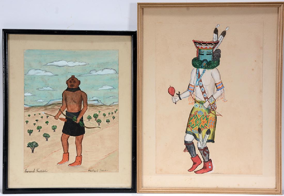 Leonard E. Testhakai. Kachina Dancers.: ﻿Leonard E. Testhakai. Kachina Dancers. c. 1950-60’s. Signed and titled. Mudhard Dance and Yei Mask Dancer. Paint, watercolor and graphite on paper. Minor foxing to paper, otherwise good