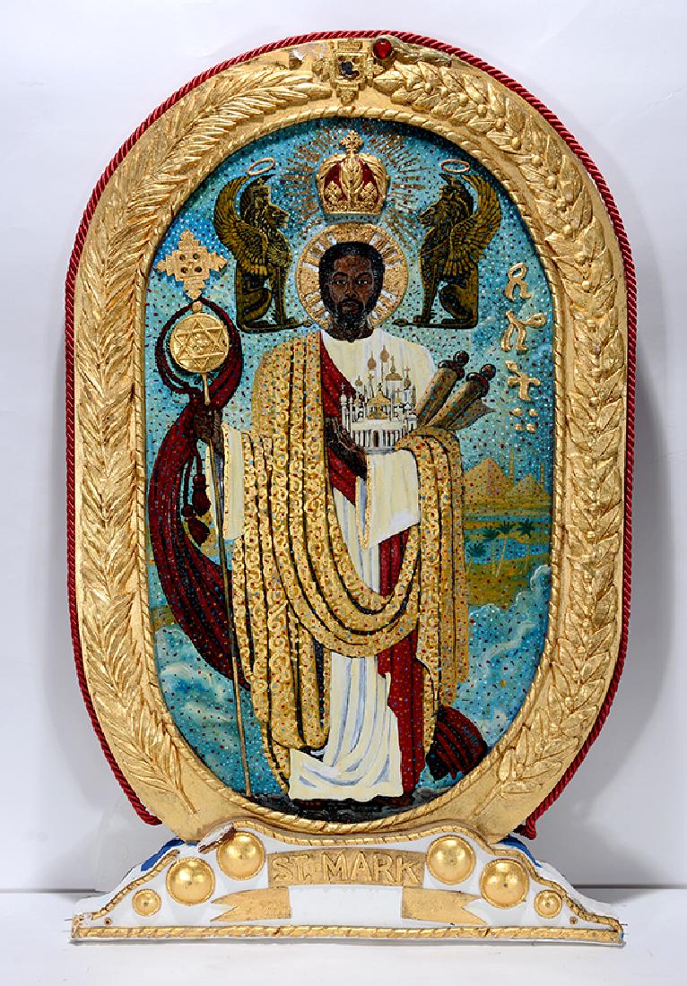 Archbishop Apollo. St. Mark.: ﻿Archbishop Apollo. St. Mark. 2008. Signed and dated. Paint and mixed media on board. Some loss to frame, otherwise good condition. 24” w x 38” h. Provenance: The Lion Of Juda