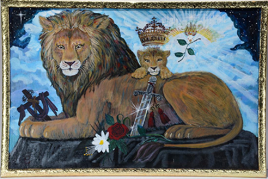 Archbishop Apollo. Father & Son Lion of Judah.: ﻿Archbishop Apollo. Father And Son Lion of Judah. Not signed. Oil on ceiling tile. Excellent condition. 36” w x 24” h with frame. Provenance: The Lion Of Judah Museum of The E