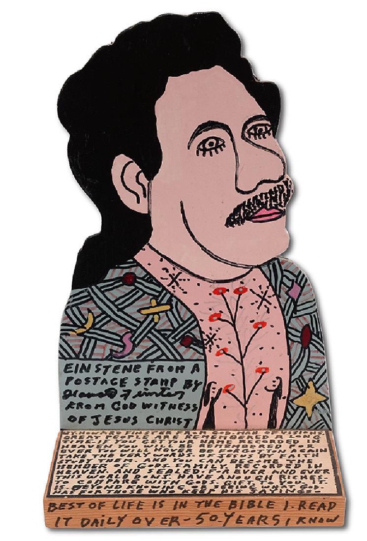 Howard Finster. Einstene (sic).: ﻿Howard Finster. Einstene (sic). 1991. Signed, dated, titled and numbered, #21,522. Paint and marker on board with paper label. Excellent condition. 11” x 7”. Est. $300-400. Ship: $