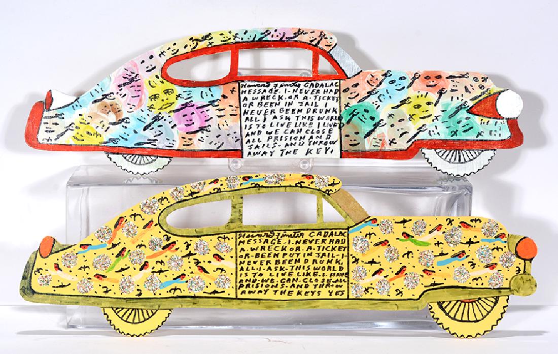 Howard Finster. Pair Of Cadillacs.: ﻿Howard Finster. Pair Of Cadillacs. 1992. #26,760 and 28,938. Signed, dated titled and numbered. Paint, marker and glitter on cut out board. Excellent condition. Average size is 20” w x 6