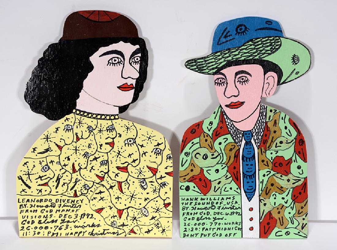 Howard Finster. Leonordo Divincy (sic) & Hank: ﻿Howard Finster. Leonordo Divincy (sic) & Hank Williams. 1992. #26,763 & 26,770. Signed, dated, titled and numbered. Paint and marker on cut out board. Excellent condition. Average size is 9