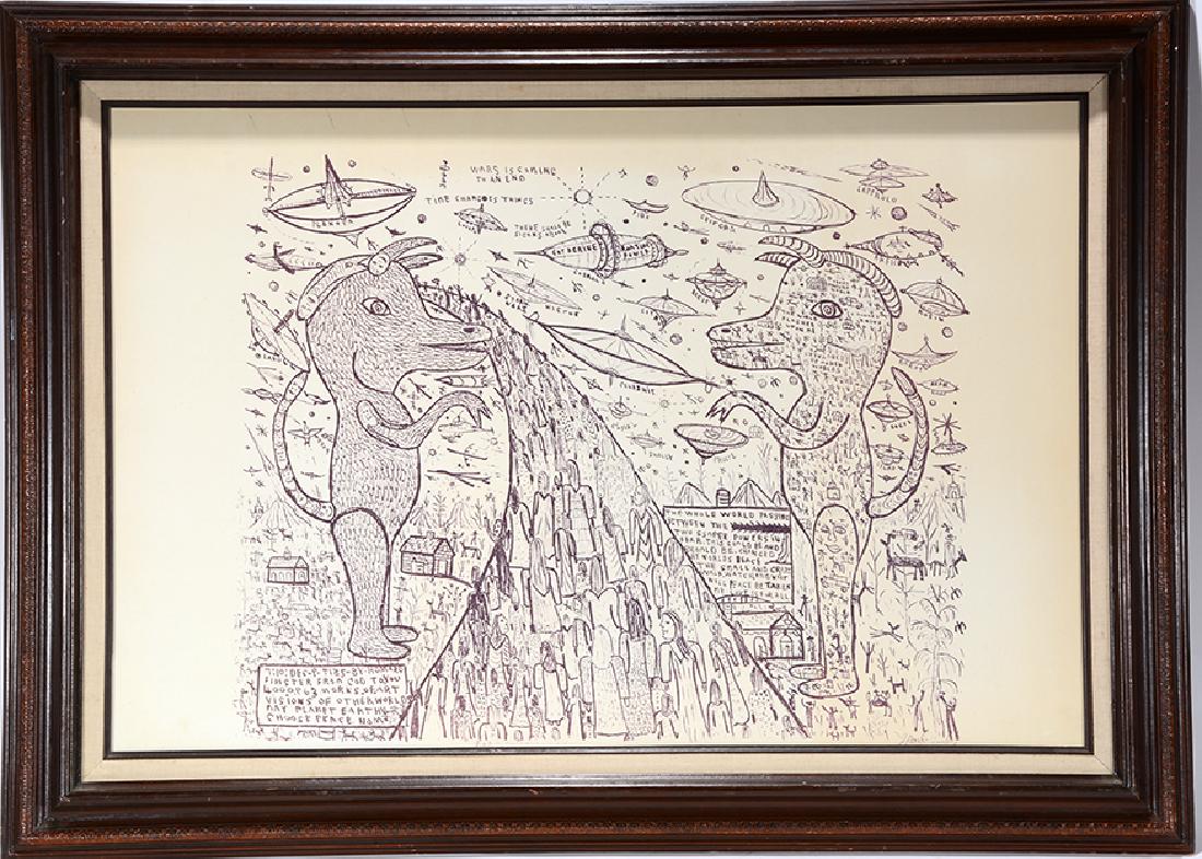 Howard Finster. Super Power Print.: ﻿Howard Finster. Super Power Print. Ink on paper. Excellent condition. Size with frame is 43” x 31”. Est. $300-500. Ship: $125