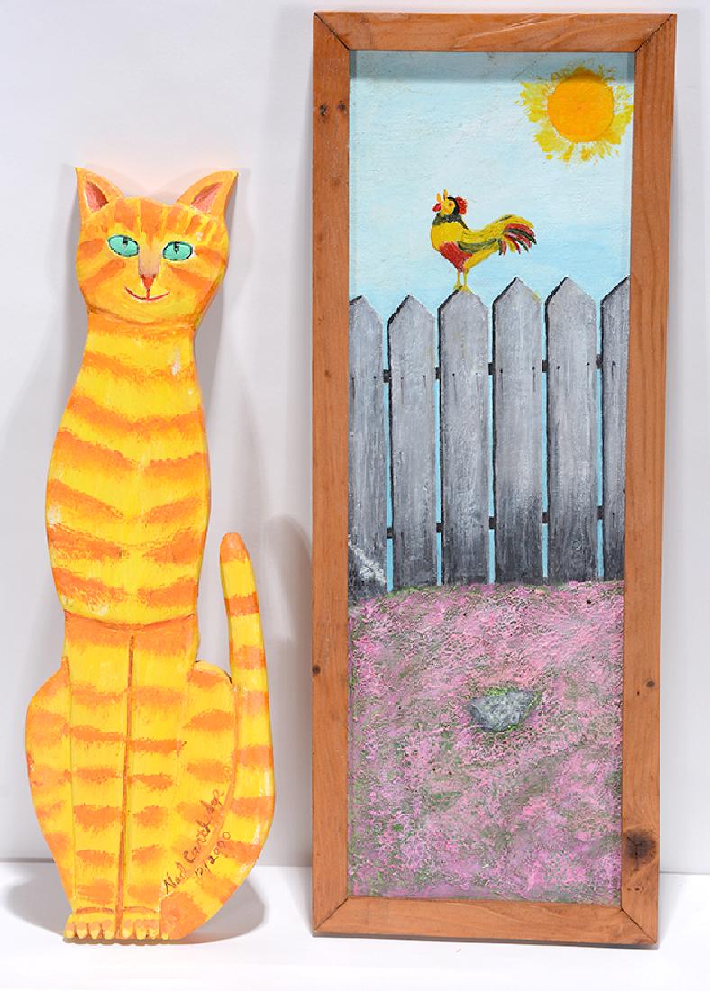 Ned Cartledge. Yellow Cat & Morning Rooster.: ﻿Ned Cartledge. Yellow Cat & Morning Rooster. 2000. Signed, dated and titled. Paint on cut out board and canvas panel. Excellent condition. Larger piece is 9” w x 25” h. Est. 