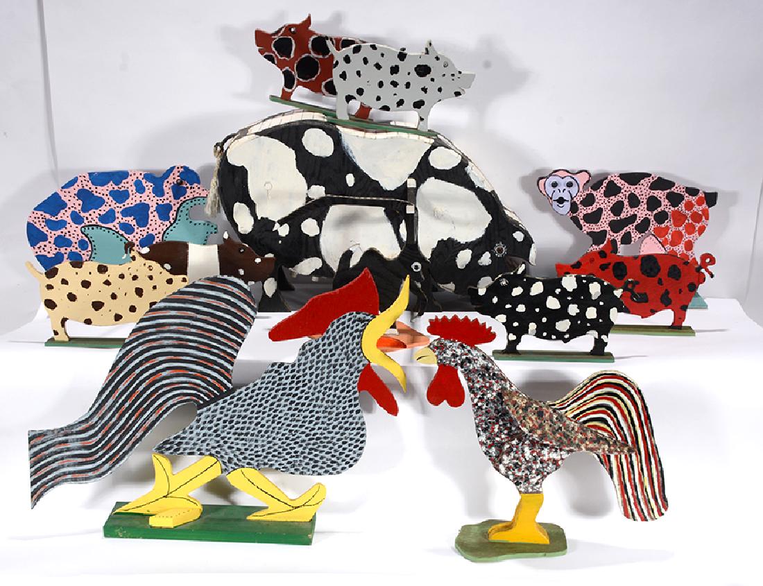 Marvin Finn. Barnyard Menagerie.: ﻿Marvin Finn. Barnyard Menagerie. 11 works. Signed. Animals include roosters, pigs and goats. Cut out wood boards and paint. All good to great condition. Largest is 14” x 22” x 7