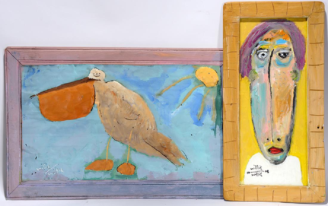 Willie Willie. Portrait and Pelican.: ﻿Willie Willie. Portrait and Pelican. 2000 and 2008. Pair of paintings. Signed and dated. Paint on mixed media. Excellent condition. Largest is 28” w x 18” h. Est. $200-400. S