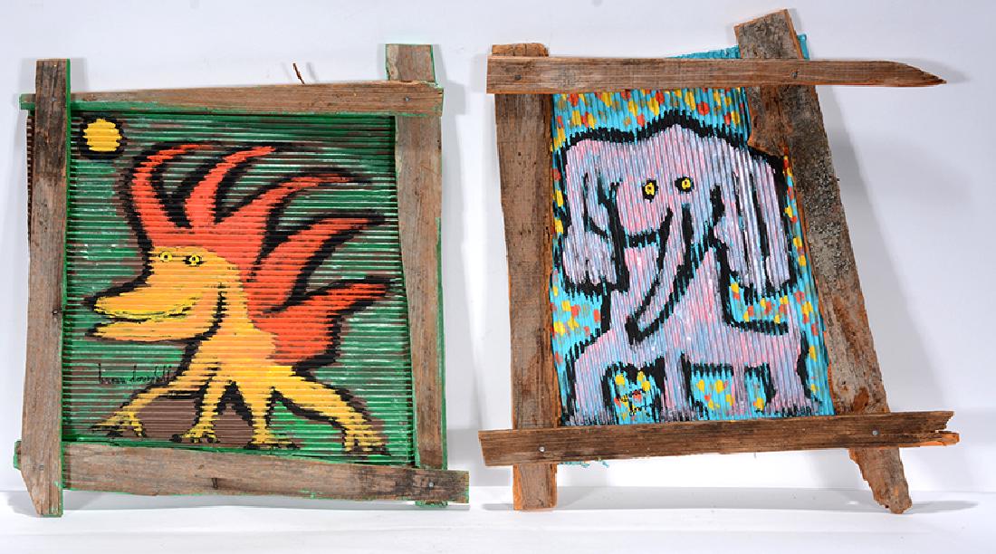 Brian Dowdall. Dinosaur & Elephant.: ﻿Brian Dowdall. Dinosaur & Elephant. 2006. Signed. Paint on cardboard with artist-made primitive frames. Great condition. Average size is 18” x 18”. Est. $200-300. Ship: $45