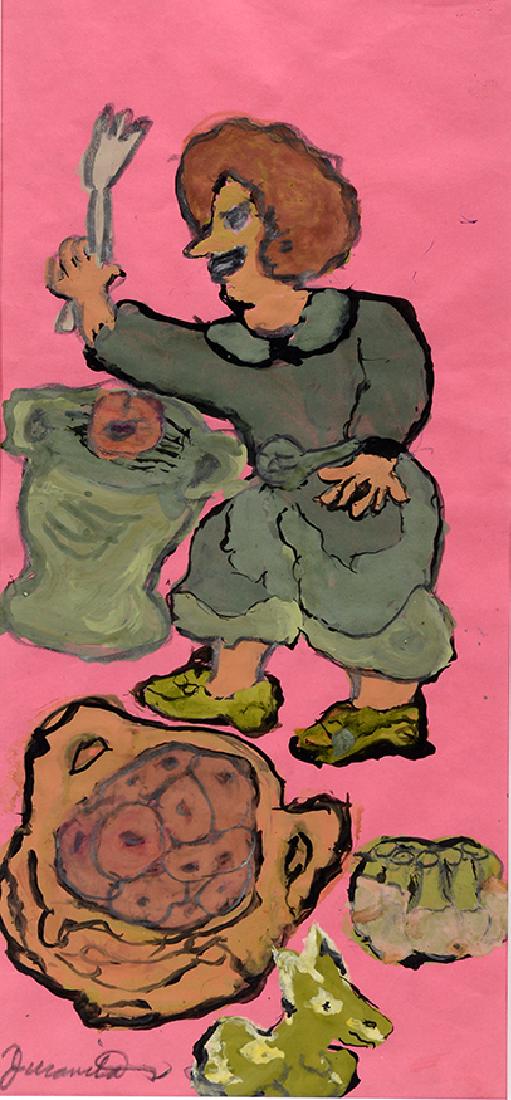 Juanita Rogers. The Cook.: ﻿Juanita Rogers. The Cook. Signed. Not dated. Paint on paper. Excellent condition. Image is 7” w x 16” h. Frame is 23’”w x 32” h. Est. $100-200. Ship: $75